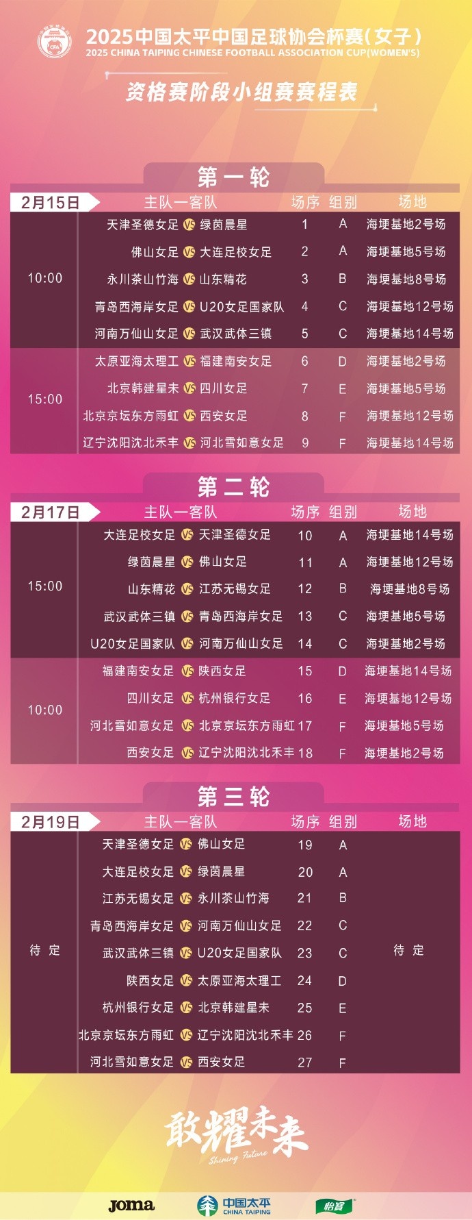 2025中國太平中國足球協會杯(女子)競賽日程公布