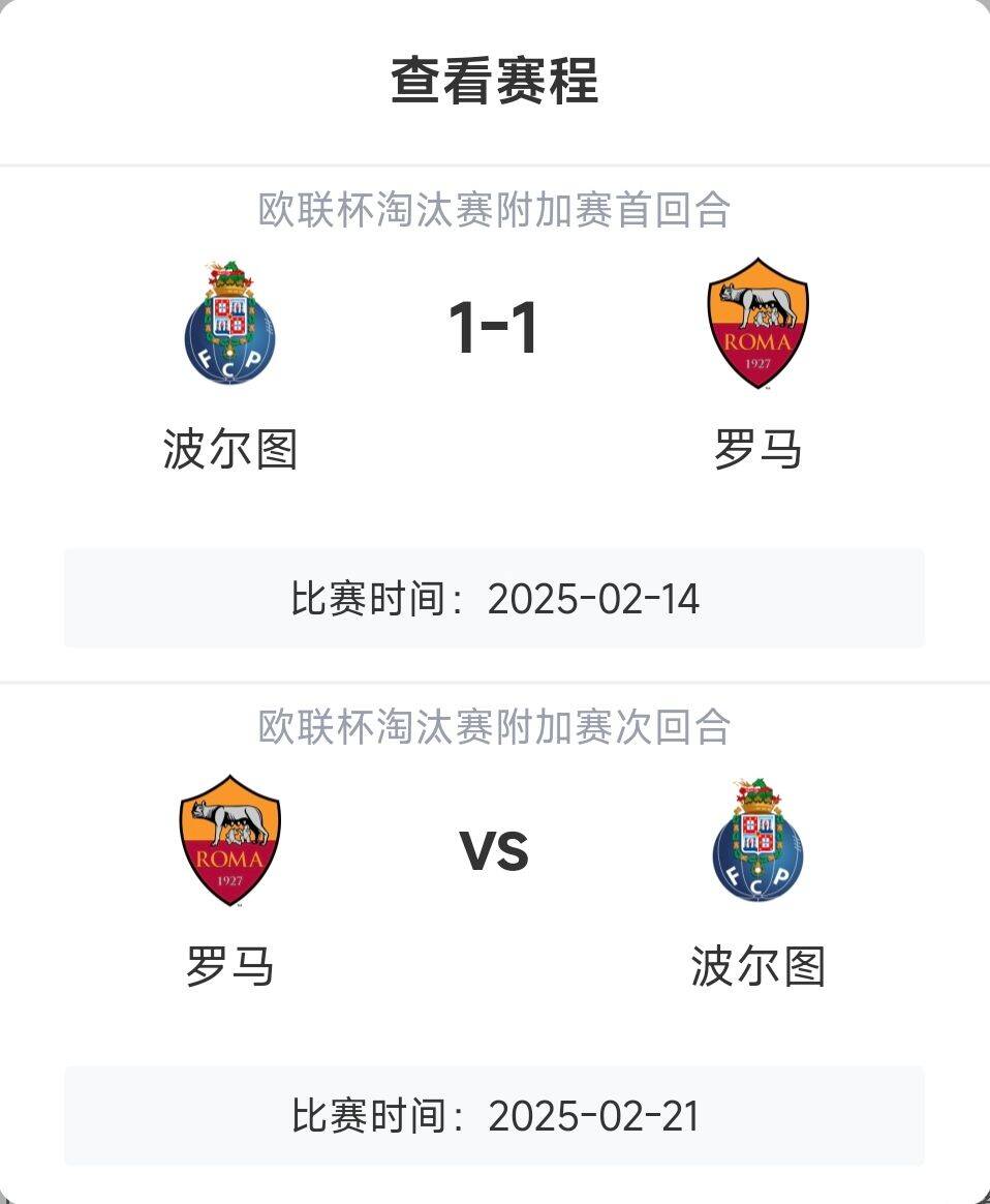  羅馬頂?shù)米幔恳饧讱W戰(zhàn)8隊3隊直通4隊出局，羅馬首回合1-1波爾圖